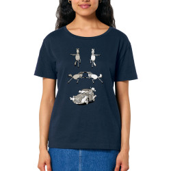 T-shirt femme col large coton bio bleu marine 2cv Fusion (Mr Mouton,Animaux,Humour)