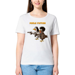 T-shirt femme col large coton bio blanc Poule Fiction (Mr Mouton,Animaux,Films/Séries)