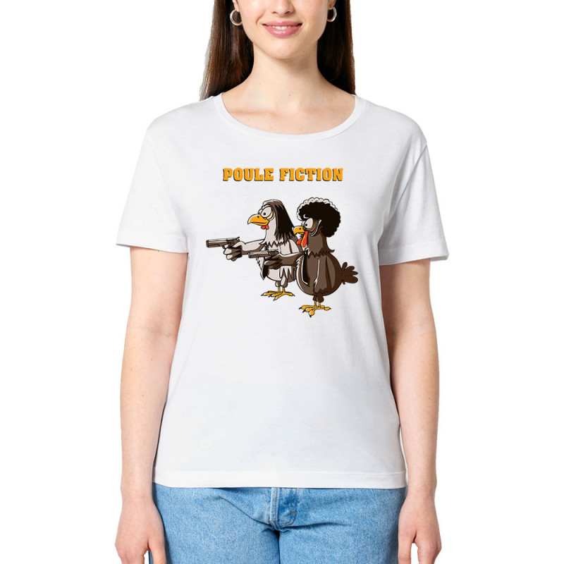 T-shirt femme col large coton bio blanc Poule Fiction (Mr Mouton,Animaux,Films/Séries)
