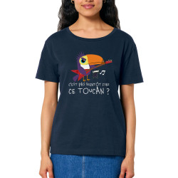 T-shirt femme col large coton bio bleu marine Fini ce toucan (Andy,Animaux,Humour)