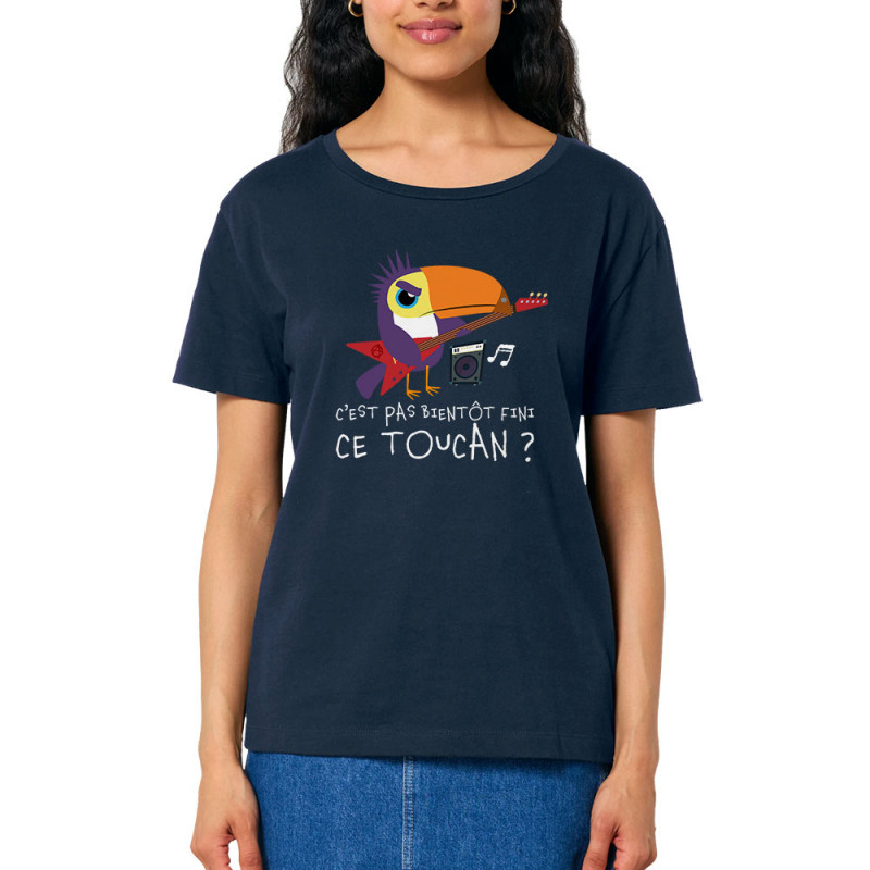 T-shirt femme col large coton bio bleu marine Fini ce toucan (Andy,Animaux,Humour)