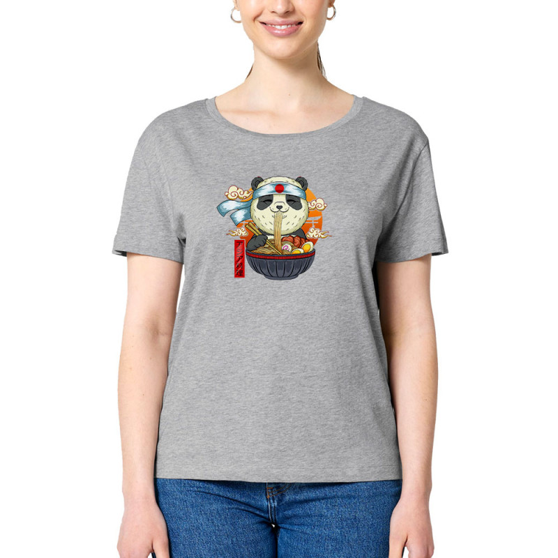 T-shirt femme col large coton bio gris chiné Asian Food Panda (Animaux,Manga Kawaï japan)