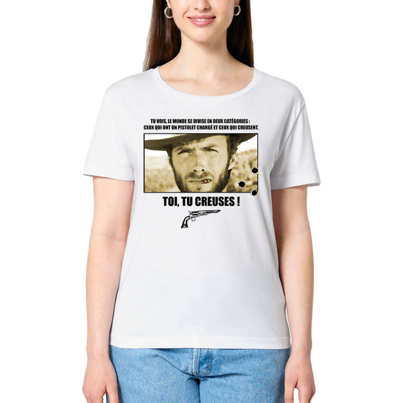 T-shirt femme col large coton bio blanc Toi tu creuses (Films/Séries)