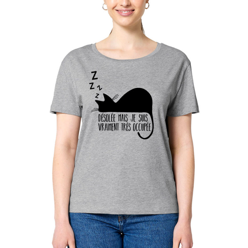 T-shirt femme col large coton bio gris chiné Désolée mais je suis très occupée (Gondrax,Animaux,Humour,Chats,Paresse)