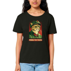 T-shirt femme col large coton bio noir Miaou Tse Toung (Animaux,Humour,Chats)