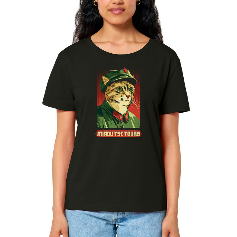 T-shirt femme col large coton bio noir Miaou Tse Toung (Animaux,Humour,Chats)