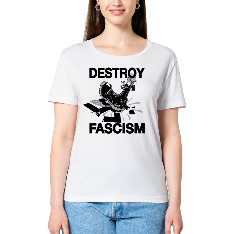 T-shirt femme col large coton bio blanc Destroy Fascism (Slogans engagés)