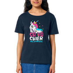 T-shirt femme col large coton bio bleu marine Ca va chier des paillettes 2 (Zewa,Animaux,Humour)