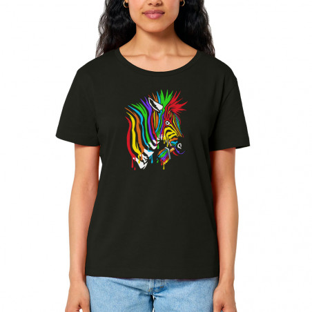T-shirt femme col large coton bio noir Zèbre Anticonformiste (Zewa,Animaux)