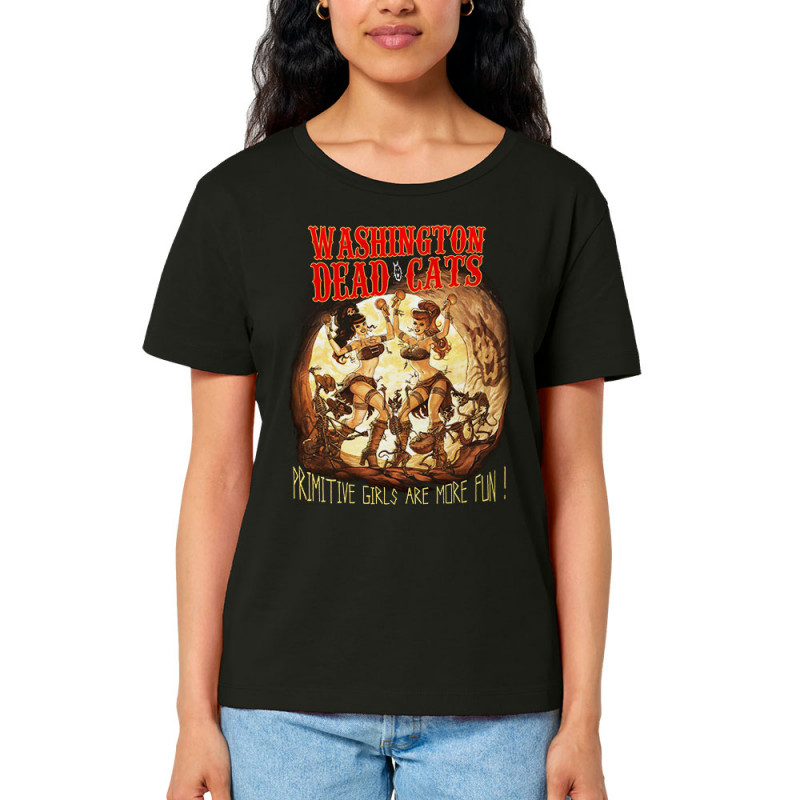 T-shirt femme col large coton bio noir Primitive Girls (Washington Dead Cats)