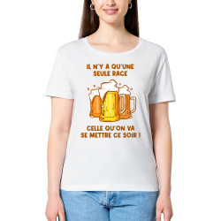 T-shirt femme col large coton bio blanc Une seule race (Gondrax,Alcool,Slogans Débiles)