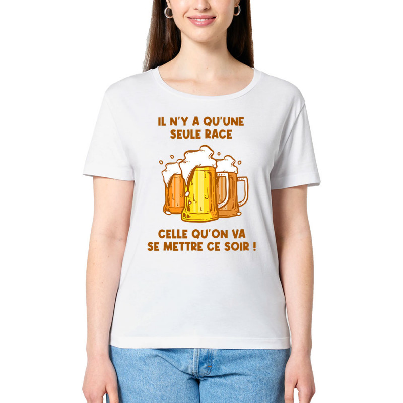 T-shirt femme col large coton bio blanc Une seule race (Gondrax,Alcool,Slogans Débiles)