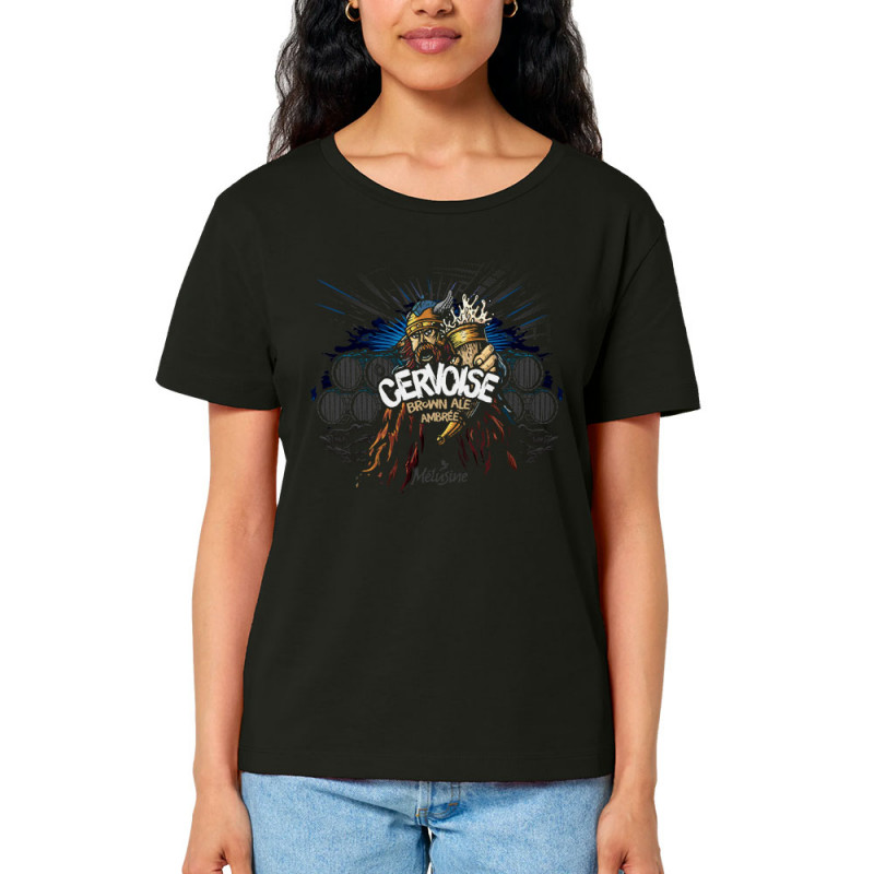 T-shirt femme col large coton bio noir Cervoise (Mélusine,Alcool)