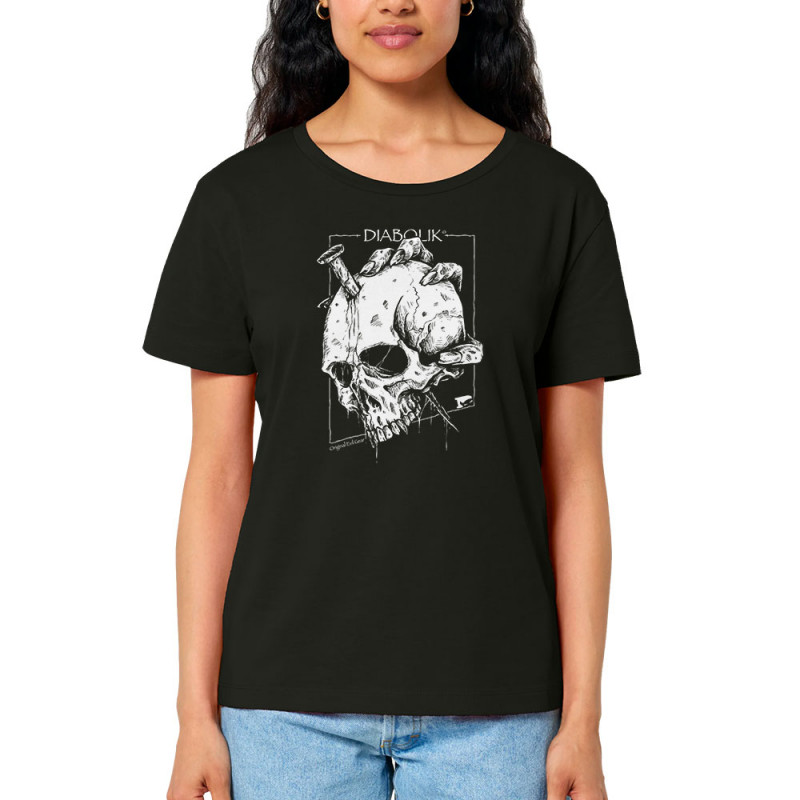 T-shirt femme col large coton bio noir Nailed Skull (Gondrax,Diabolik,Têtes de morts)