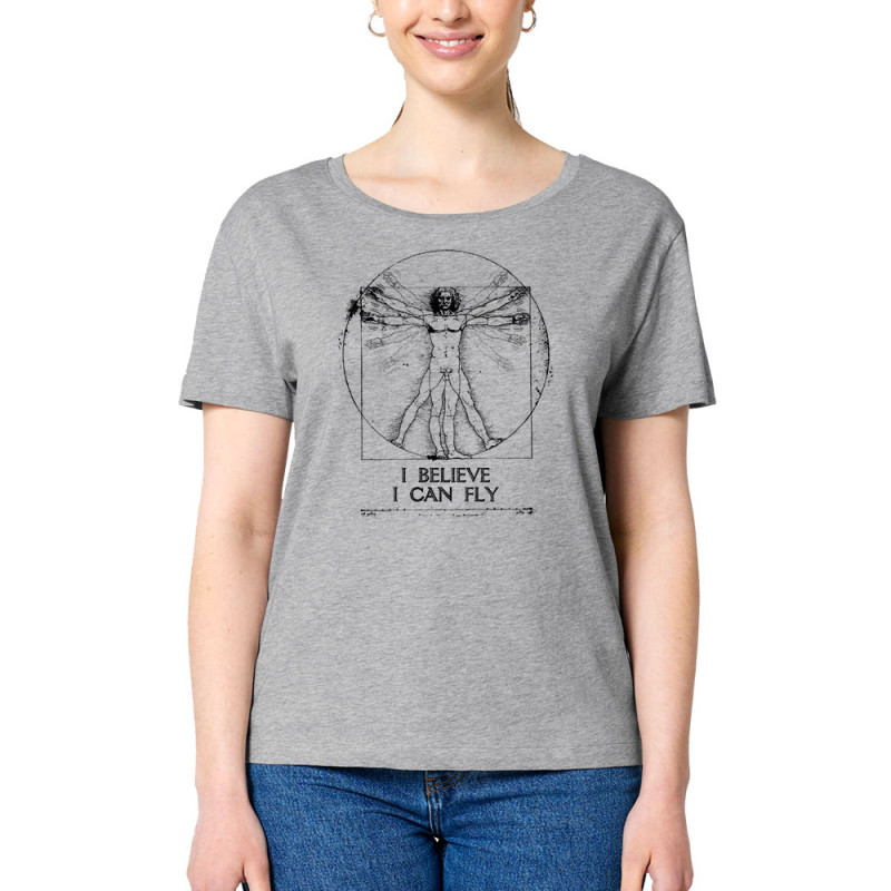 T-shirt femme col large coton bio gris chiné I can fly Vitruve (Gondrax,Humour,Musée,Homme de Vitruve)