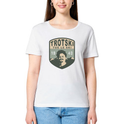 T-shirt femme col large coton bio blanc Trotski tue le ski (Andy,Humour)