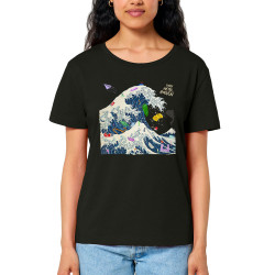 T-shirt femme col large coton bio noir Sorry Mr Hokusaï (Gondrax,Ecologie,Musée,Humour,Hokusaï)
