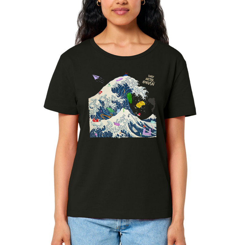 T-shirt femme col large coton bio noir Sorry Mr Hokusaï (Gondrax,Ecologie,Musée,Humour,Hokusaï)