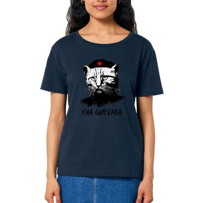 T-shirt femme col large coton bio bleu marine Cha Guevara (Animaux,Humour,Chats,Les Bébêtes)