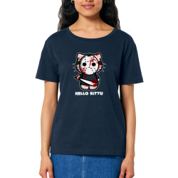 T-shirt femme col large coton bio bleu marine Hello Kittu (Blacksquare,Films/Séries,Humour,Manga Kawaï japan,Chats)