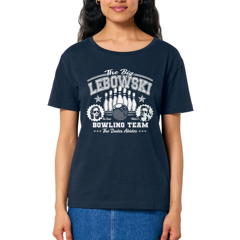 T-shirt femme col large coton bio bleu marine Big Lebowski College (Films/Séries)