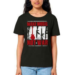 T-shirt femme col large coton bio noir Make Music Not War (Rock & Punk,Slogans engagés)