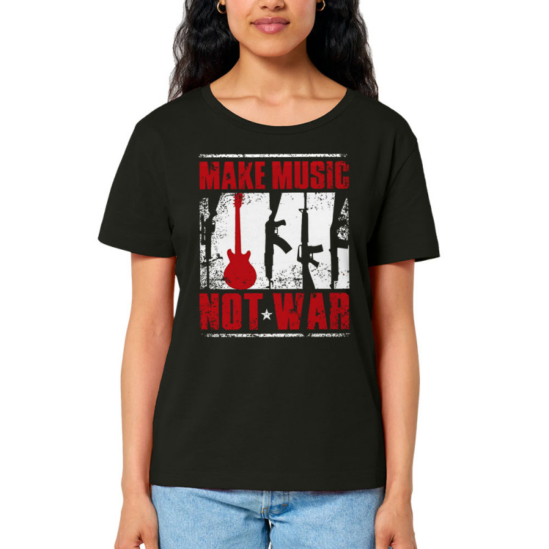 T-shirt femme col large coton bio noir Make Music Not War (Rock & Punk,Slogans engagés)