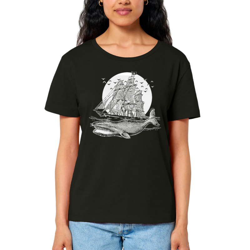 T-shirt femme col large coton bio noir Whale Boat (Gondrax,Animaux,Têtes de morts)