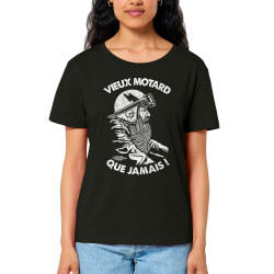 T-shirt femme col large coton bio noir Vieux motard que jamais (Gondrax,Humour,Moto,Slogans Débiles)