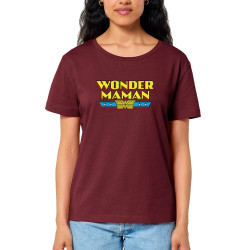 T-shirt femme col large coton bio bordeaux Wonder Maman (Humour,Films/Séries,Fête des mères,Détournements,Papa Maman Papy Mamie)