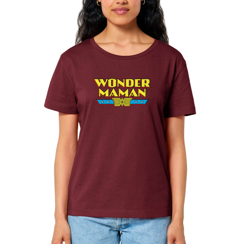 T-shirt femme col large coton bio bordeaux Wonder Maman (Humour,Films/Séries,Fête des mères,Détournements,Papa Maman Papy Mamie)