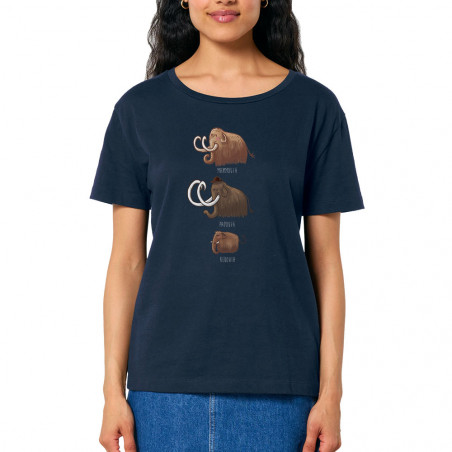 T-shirt femme col large coton bio bleu marine Mammouth Family (Mr Mouton,Animaux)