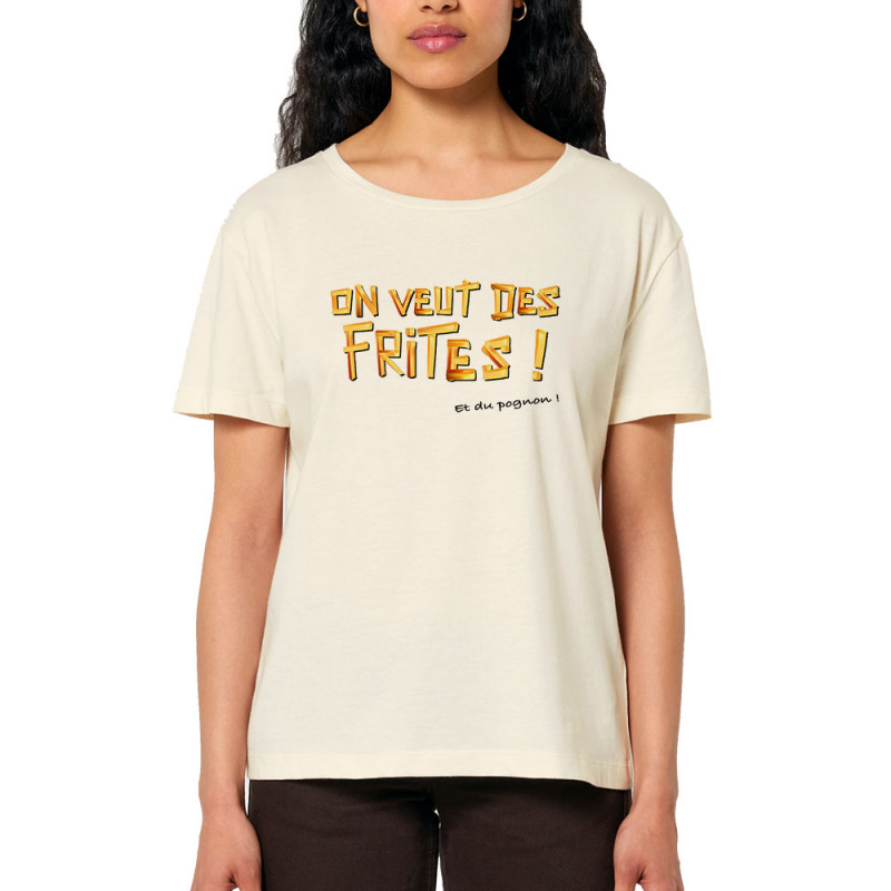 T-shirt femme col large coton bio naturel On veut des frites (Gondrax,Fruits & Légumes,Slogans Débiles)