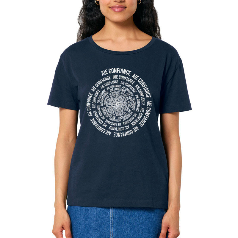 T-shirt femme col large coton bio bleu marine Aie confiance (Gondrax,Slogans Débiles,Humour)