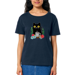 T-shirt femme col large coton bio bleu marine Coffee cat (Animaux,Fruits & Légumes,Manga Kawaï japan,Chats)