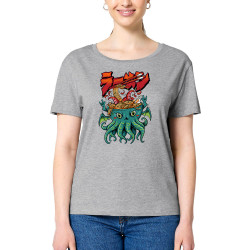 T-shirt femme col large coton bio gris chiné Cthulhu noodles (Manga Kawaï japan,Jeux Vidéo / Geek)