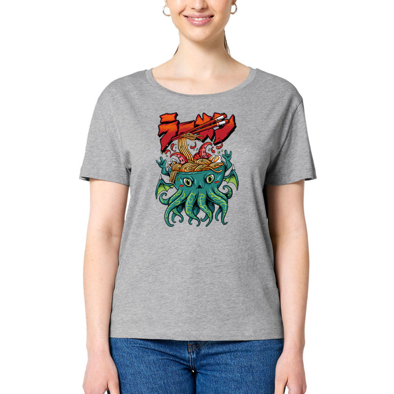 T-shirt femme col large coton bio gris chiné Cthulhu noodles (Manga Kawaï japan,Jeux Vidéo / Geek)