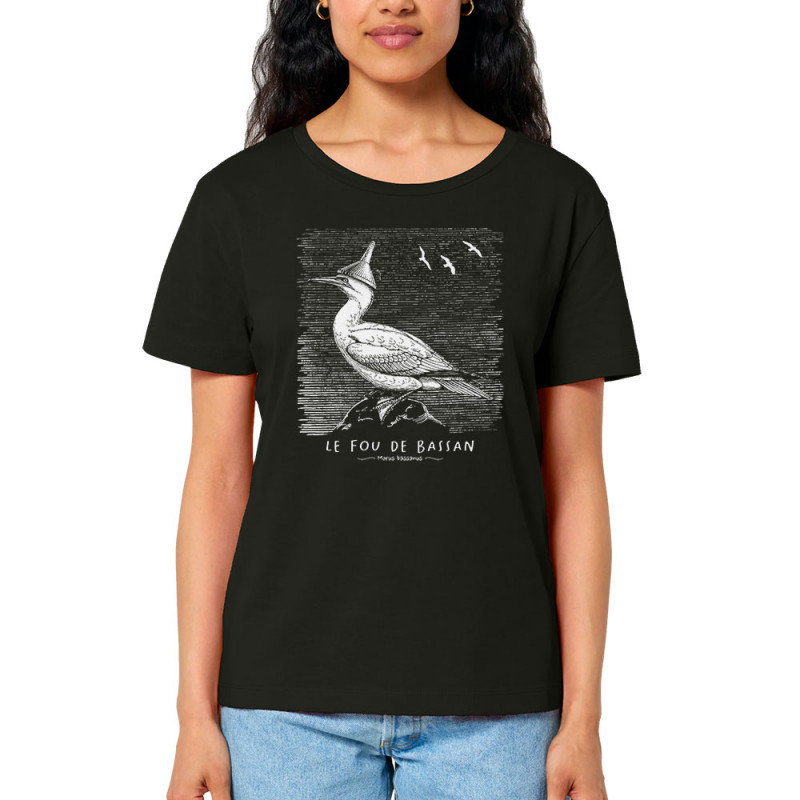 T-shirt femme col large coton bio noir Le Fou de Bassan (Gondrax,Les Bébêtes,Animaux)