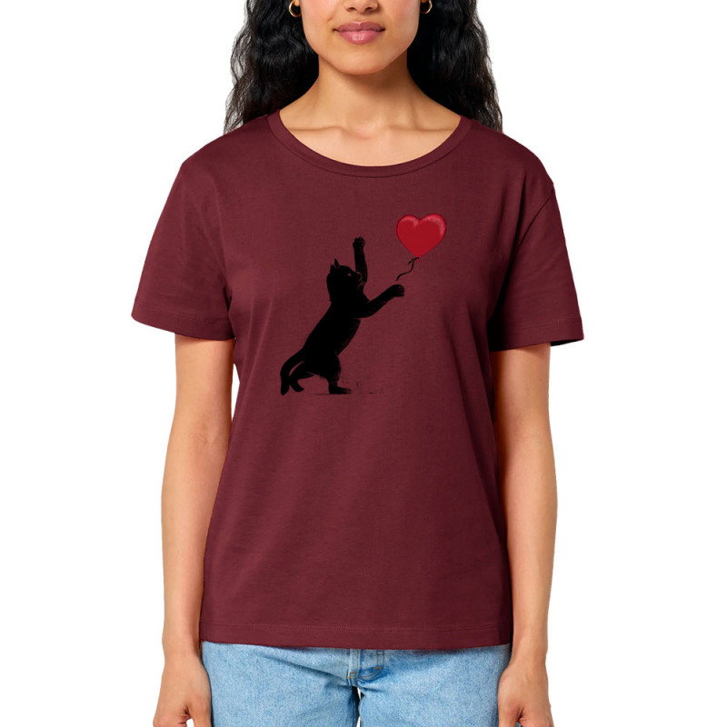 T-shirt femme col large coton bio bordeaux Banksy Cat (Le Duc,Animaux,Musée,Chats)