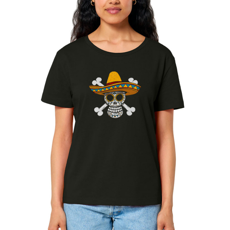 T-shirt femme col large coton bio noir One Piece Mexican Skull (Le Duc,Manga Kawaï japan,Films/Séries,Têtes de morts,Détournemen