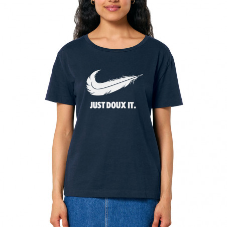 T-shirt femme col large coton bio bleu marine Just Doux It (Le Duc,Humour)