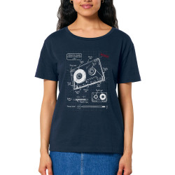 T-shirt femme col large coton bio bleu marine Cassette audio plan (Le Duc,Divers)