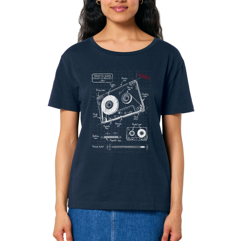 T-shirt femme col large coton bio bleu marine Cassette audio plan (Le Duc,Divers)