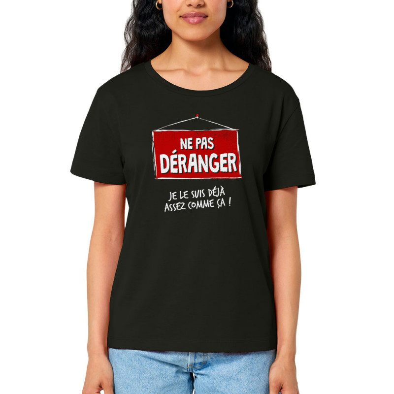 T-shirt femme col large coton bio noir Ne pas déranger (Gondrax,Humour,Slogans Débiles)
