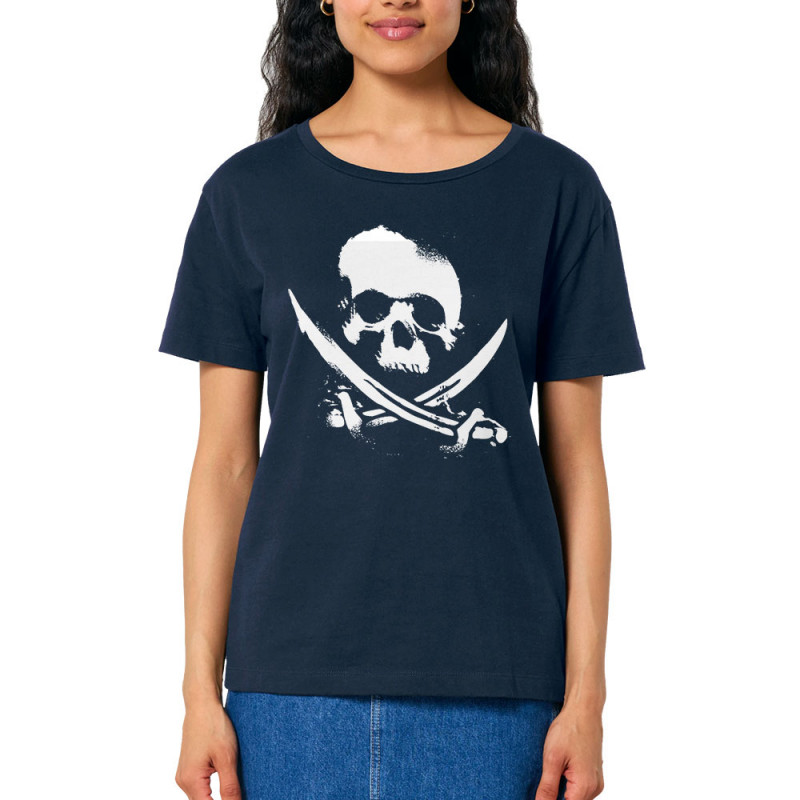 T-shirt femme col large coton bio bleu marine Pirate Skull (Têtes de morts)