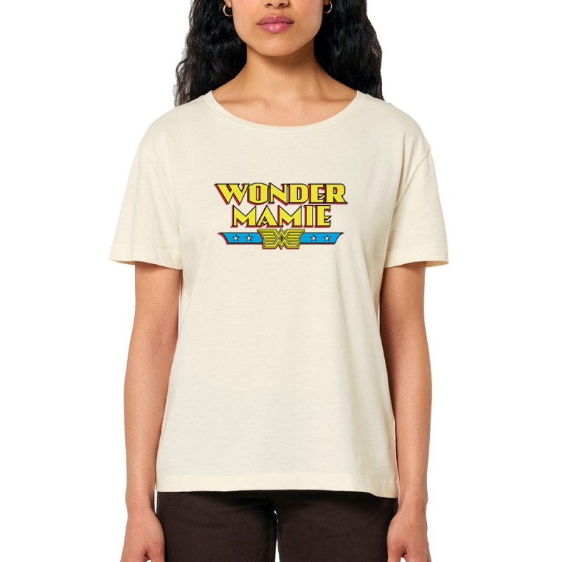 T-shirt femme col large coton bio naturel Wonder Mamie (Gondrax,Humour,Détournements,Papa Maman Papy Mamie,Fête des mères)