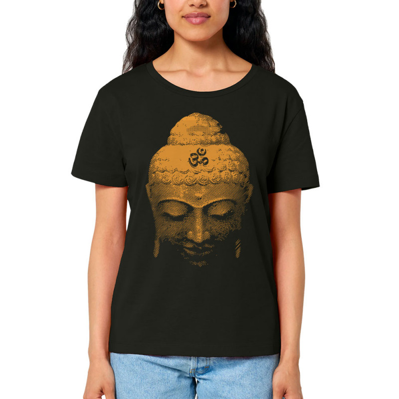 T-shirt femme col large coton bio noir Buddha Face (Ethnique)
