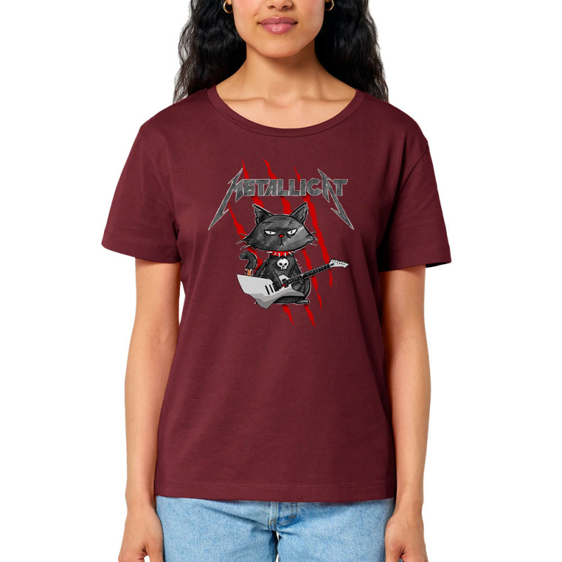 T-shirt femme col large coton bio bordeaux Metallicat (Gondrax,Animaux,Détournements,Chats)
