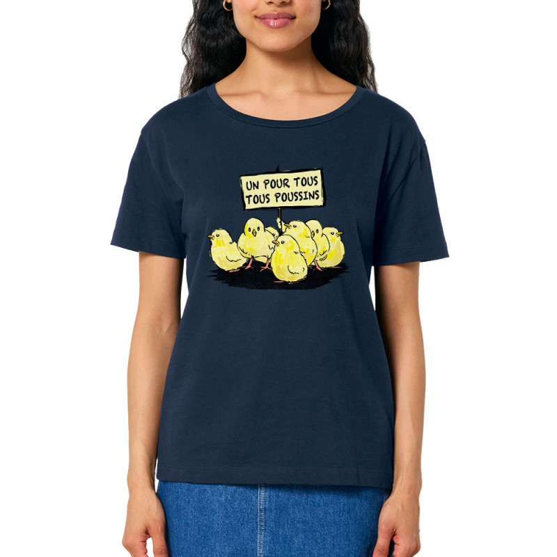 T-shirt femme col large coton bio bleu marine Un pour tous Tous poussins (Gondrax,Animaux,Slogans Débiles)