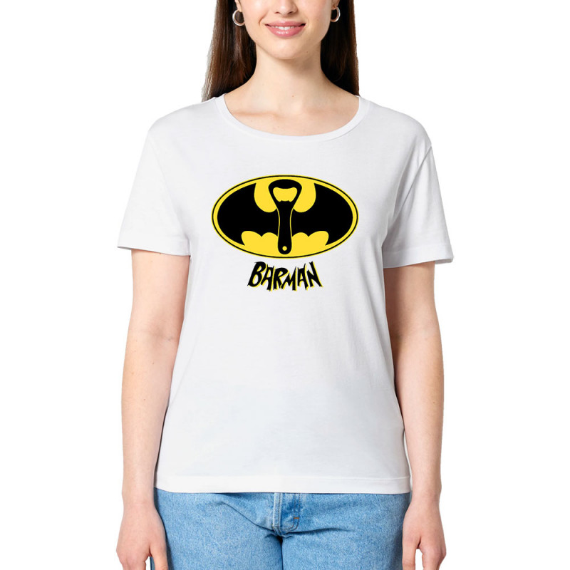 T-shirt femme col large coton bio blanc Barman (Gondrax,Alcool,Détournements)